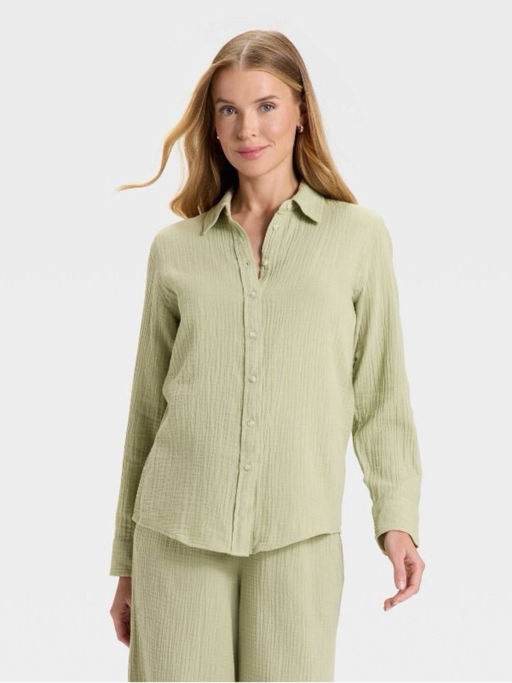 Gauze Cotton Light Green Button-Front Crinkle Shirt - Women S NWT